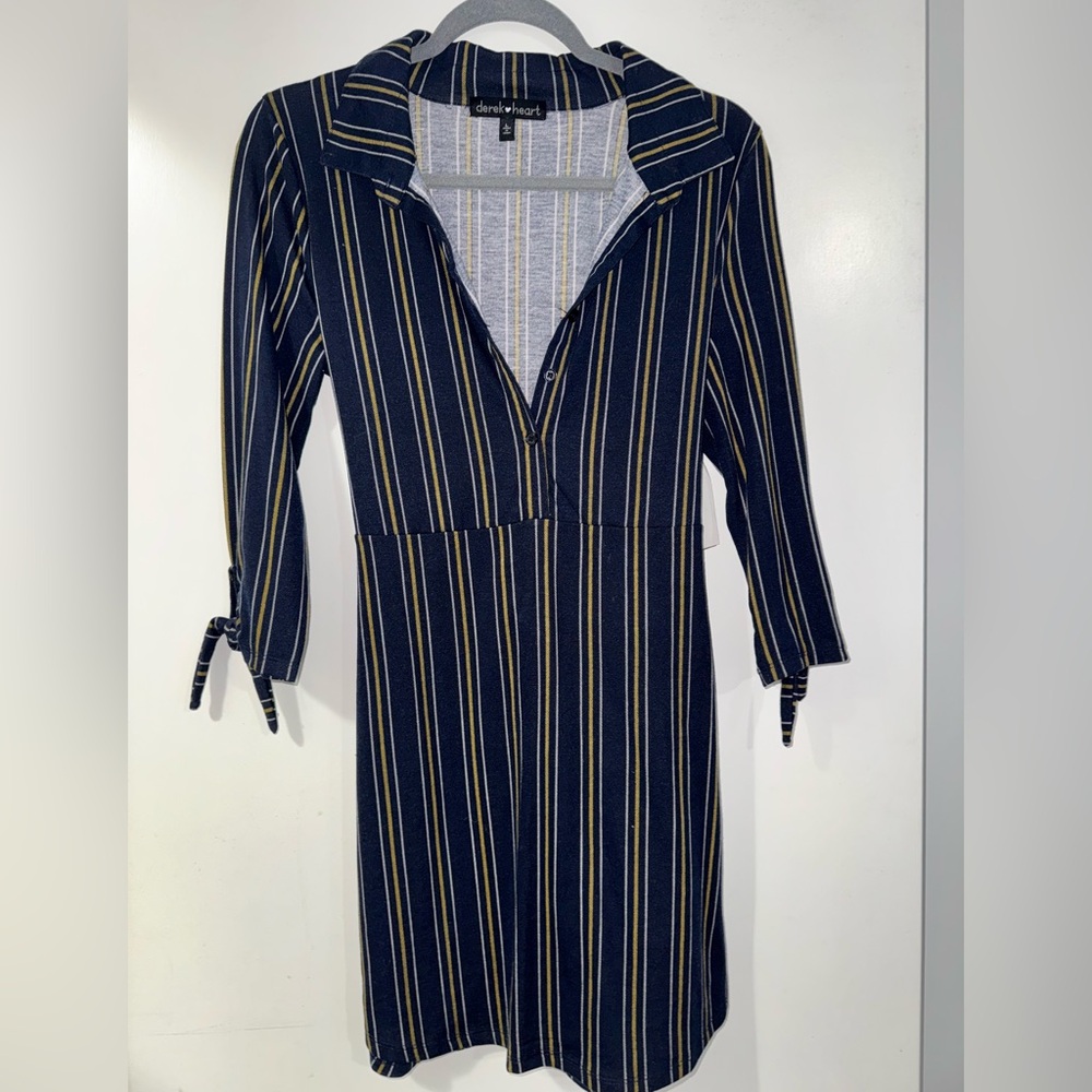 Derek Heart Blue and Yellow Notched Collar A-Line Dress